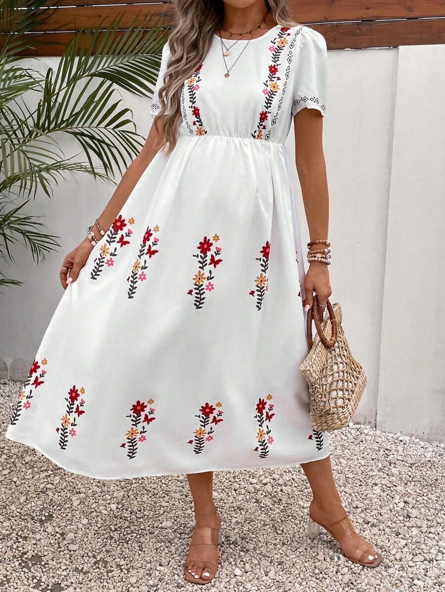 SHEIN 孕婦印花泡泡袖連衣裙