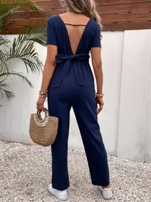 SHEIN Bộ đồ liền thân Bà bầu Lộ Lưng Cắt ra Buộc lại Trọn gói màu trơn Giải trí - Màu xanh hải quân - Xem 1