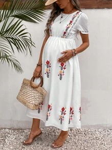 SHEIN 孕婦印花泡泡袖連衣裙 - 白色 - 查看 6