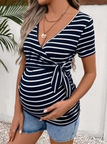 SHEIN Maternity Striped Print Knot Side Tee - Navy Blue - View 1