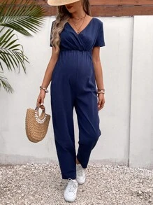 SHEIN Bộ đồ liền thân Bà bầu Lộ Lưng Cắt ra Buộc lại Trọn gói màu trơn Giải trí - Màu xanh hải quân - Xem 6