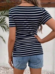 SHEIN Maternity Striped Print Knot Side Tee - Navy Blue - View 2