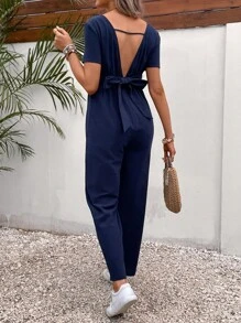 SHEIN Bộ đồ liền thân Bà bầu Lộ Lưng Cắt ra Buộc lại Trọn gói màu trơn Giải trí - Màu xanh hải quân - Xem 7