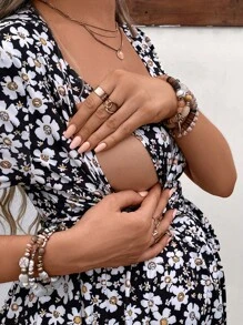 SHEIN 孕婦滿版印花交疊領哺乳連衣裙 - 彩色 - 查看 7