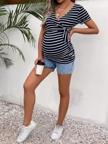 SHEIN Maternity Striped Print Knot Side Tee - Navy Blue - View 4