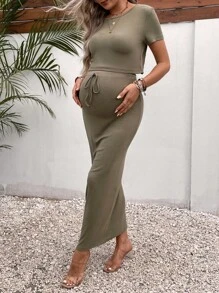 SHEIN Maternity Solid Crop Tee & Knot Front Skirt - Army Green - View 6