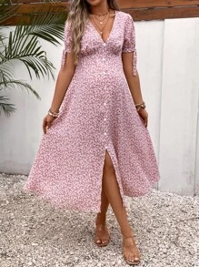 SHEIN Váy Bà bầu Thắt nút Chia Nút phía trước Họa tiết hoa Boho - Nhiều màu - Xem 3