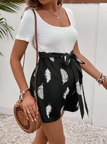 SHEIN 孕婦羽毛印花腰帶連身短褲 - 黑與白 - 查看 4