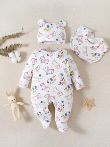 女嬰卡通圖案包腳連體睡衣&帽&圍兜 - 白色 - 查看 1