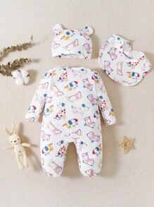女嬰卡通圖案包腳連體睡衣&帽&圍兜 - 白色 - 查看 2