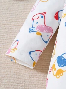 女嬰卡通圖案包腳連體睡衣&帽&圍兜 - 白色 - 查看 5