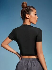 SHEIN ICON 鏤空網紗拼接短款T恤 - 黑色 - 查看 2