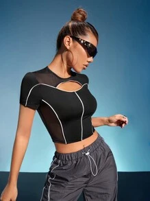 SHEIN ICON 鏤空網紗拼接短款T恤 - 黑色 - 查看 3