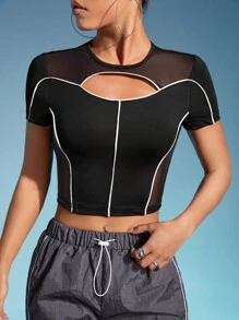 SHEIN ICON 鏤空網紗拼接短款T恤 - 黑色 - 查看 4