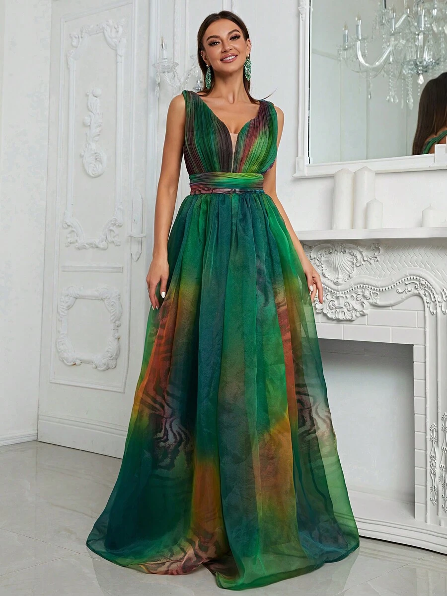 YISIKADO Ombre & Tiger Skin V Back Mesh Overlay Party Dress - Green - View 1