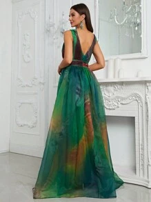 YISIKADO Ombre & Tiger Skin V Back Mesh Overlay Party Dress - Green - View 2