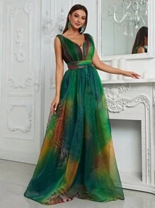 YISIKADO Ombre & Tiger Skin V Back Mesh Overlay Party Dress - Green - View 3
