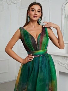 YISIKADO Ombre & Tiger Skin V Back Mesh Overlay Party Dress - Green - View 4