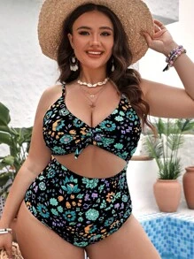 SHEIN Swim Curve 大碼印花鏤空前打結連體泳衣 - 黑色 - 查看 1