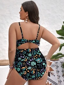 SHEIN Swim Curve 大碼印花鏤空前打結連體泳衣 - 黑色 - 查看 2