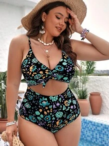 SHEIN Swim Curve 大碼印花鏤空前打結連體泳衣 - 黑色 - 查看 4