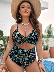 SHEIN Swim Curve 大碼印花鏤空前打結連體泳衣 - 黑色 - 查看 5