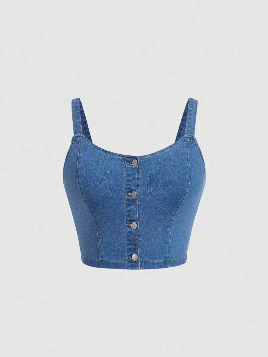 SHEIN MOD áo denim kích thước lớn Nút phía trước màu trơn Giải trí - Rửa trung bình - Xem 1