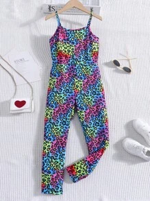 SHEIN Girls Leopard Print Unitard Cami Jumpsuit - Multicolor - View 5