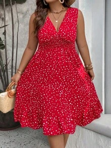 Breezaya Vestido bohemio de verano con estampado de lunar, volantes en el bajo, color burdeos para vacaciones y playa, tallas grandes para mujeres