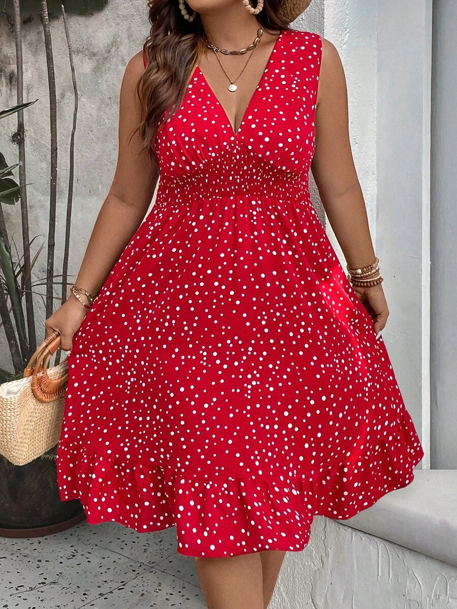 Breezaya Vestido bohemio de verano con estampado de lunar, volantes en el bajo, color burdeos para vacaciones y playa, tallas grandes para mujeres