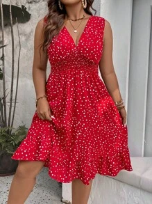 Breezaya Vestido bohemio de verano con estampado de lunar, volantes en el bajo, color burdeos para vacaciones y playa, tallas grandes para mujeres