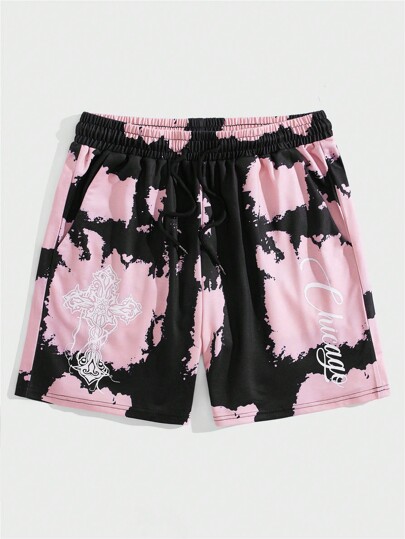 Street Life Guys Tie Dye Cross & Letter Graphic Drawstring Waist Shorts