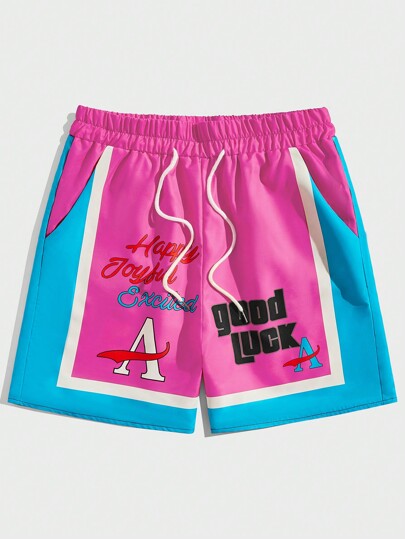 Street Life Guys Letter Graphic Colorblock Drawstring Waist Shorts