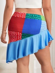 Sire Leo Lamar 大碼撞色拼接圖案前扭結荷葉邊不對稱下擺半身裙 - 彩色 - 查看 2