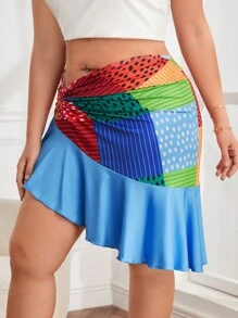 Sire Leo Lamar 大碼撞色拼接圖案前扭結荷葉邊不對稱下擺半身裙 - 彩色 - 查看 5