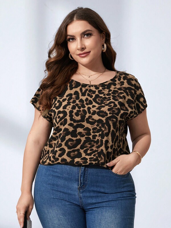 SHEIN LUNE Plus Leopard Print Batwing Sleeve Blouse