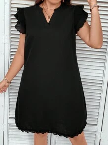 SHEIN LUNE Hơn Đường viền cổ có rãnh Viền Ruffle Đầm - màu đen - Xem 5