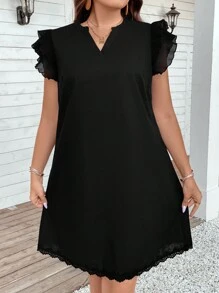 SHEIN LUNE Hơn Đường viền cổ có rãnh Viền Ruffle Đầm - màu đen - Xem 3