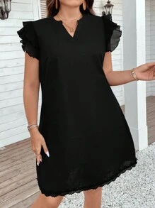 SHEIN LUNE Hơn Đường viền cổ có rãnh Viền Ruffle Đầm - màu đen - Xem 4