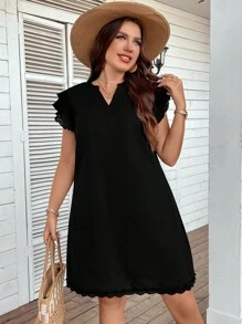 SHEIN LUNE Hơn Đường viền cổ có rãnh Viền Ruffle Đầm - màu đen - Xem 6