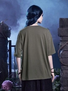 Corpse Bride | ROMWE Camiseta De Cuello Redondo De Hombros Caídos Y Talla Grande Con Estampado De Caricaturas - Gris - Ver 2