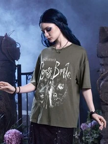 Corpse Bride | ROMWE Camiseta De Cuello Redondo De Hombros Caídos Y Talla Grande Con Estampado De Caricaturas - Gris - Ver 3