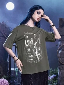 Corpse Bride | ROMWE Camiseta De Cuello Redondo De Hombros Caídos Y Talla Grande Con Estampado De Caricaturas - Gris - Ver 4