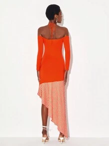 Jordan Beeby Rô Halter Neck Cắt ra Viền không đối xứng Đầm - trái cam - Xem 2