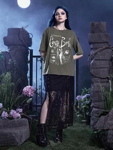 Corpse Bride | ROMWE Camiseta De Cuello Redondo De Hombros Caídos Y Talla Grande Con Estampado De Caricaturas - Gris - Ver 5
