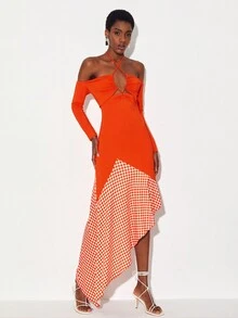 Jordan Beeby Rô Halter Neck Cắt ra Viền không đối xứng Đầm - trái cam - Xem 3