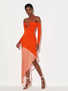 Jordan Beeby Rô Halter Neck Cắt ra Viền không đối xứng Đầm - trái cam - Xem 4