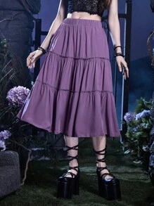 ROMWE Goth Chất rắn Lá sen tỉa Xù Hoa Sen Váy - Màu tím - Xem 1