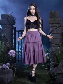 ROMWE Goth Chất rắn Lá sen tỉa Xù Hoa Sen Váy - Màu tím - Xem 2