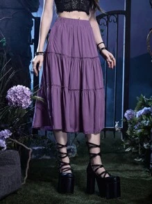 ROMWE Goth Chất rắn Lá sen tỉa Xù Hoa Sen Váy - Màu tím - Xem 3